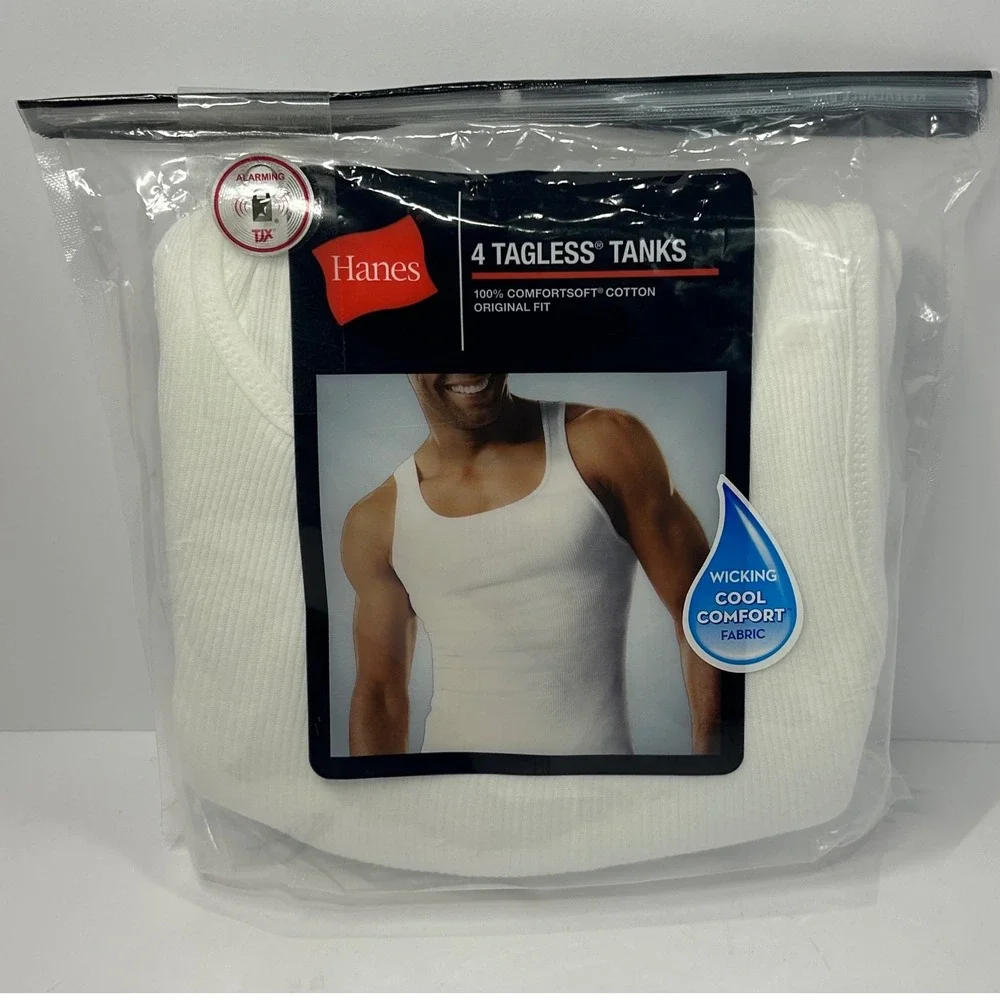 Hanes Mens 4-Pack Tagless Tank Tops White Comfort Soft Cotton Size M New